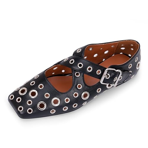 Women's Square Toe Ballet Flats Studded Grommet Cross Buckle Mary Jane Shoes