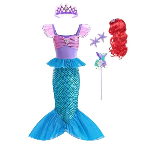 Lito Angels Disfarce vestido sereia princesa Ariel sereia com coroa e peruca para meninas tamanho 5-6 anos, azul roxo (Número da etiqueta 130)