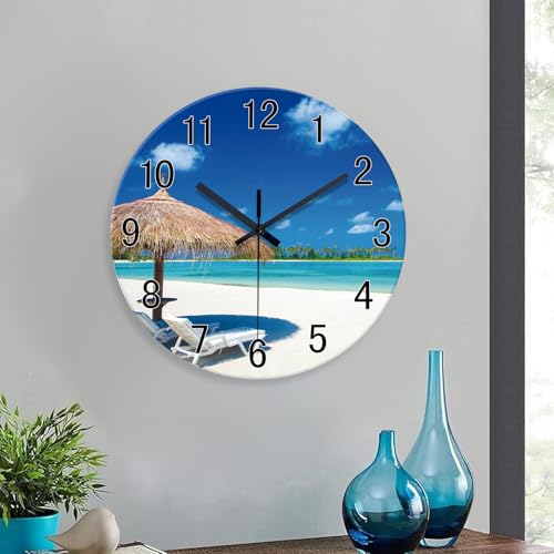 Image of XFM Beach Wall Clock Battery Operated 16 Inch Blue Coastal | Silent Non-Ticking Tropical Summer Nautical Round Decorative for Living Room Kitchen Bedroom Office