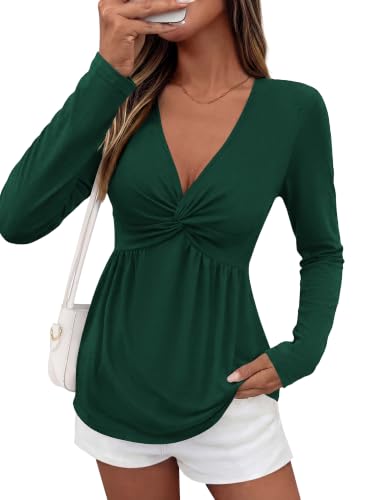 BTFBM Babydoll Tops for Women 2026 Fall Fashion Twist Front V Neck Flowy Long Sleeve Blouses Dressy Casual Peplum Tops(Dark Green, XX-Large)