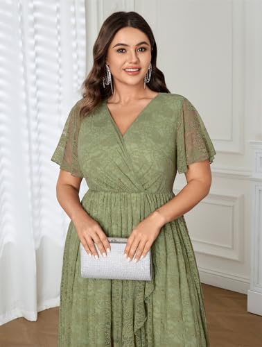 Image of SCOMCHIC Womens Plus Size Wedding Guest Dress Formal Lace Wrap V Neck High Low Short Sleeve Cocktail Maxi Dresses XL-4XL