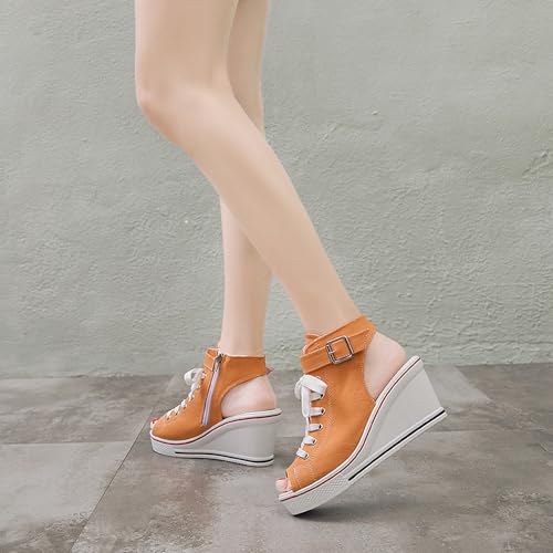 Image of OCHENTA Women's Peep Toe Wedge Sneakers Canvas Platform Shoes Side Zipper Lace up Buckle Fashion Sneakers Walking Shoes
