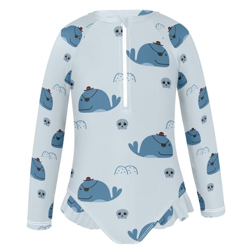 Whale Pirate Girls Swimsuit One Piece Rash Guard Girls' Swimwear Long Sleeve Swimsuits for Girl Size 3-12T