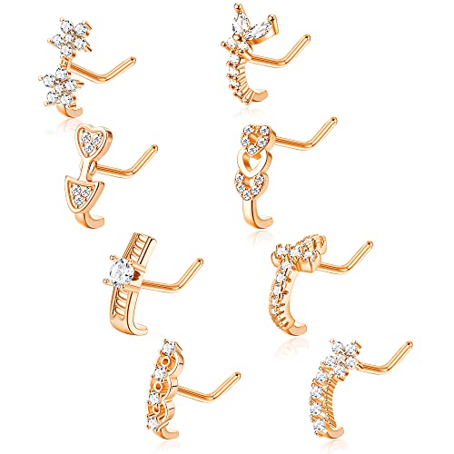 Sanfenly 8Pcs 18G Nose Ring Studs Surgical Steel CZ Heart Butterfly Flower Nose Rings L Shaped Nostrial Piercing Jewelry for Women Men Sliver Gold Rose Gold