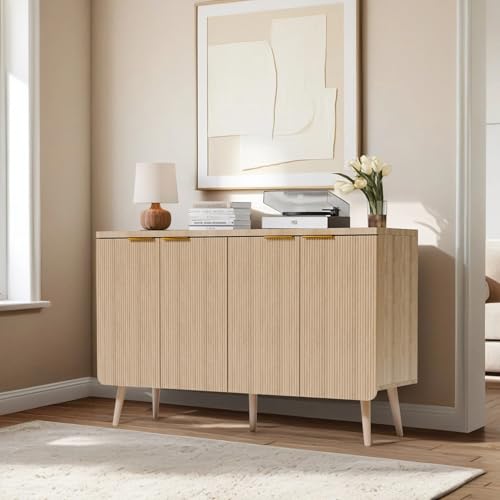 Trygoal 47.2" Versatile Fluted Wooden Storage Sideboard, 4-Door Buffet Cabinet with Adjustable Shelves, Functional Credenza for Living, Dining Room & Entryway Decor, Natural Oak