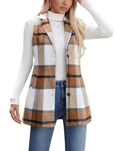 olrain Women Flannel Plaid Sleeveless Blazer Vest Lapel Neck Button Down Long Jacket Outwear Coat With Pockets Fall Winter