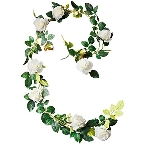 DuHouse 6Ft Silk Flower Garland Artificial Rose Vine Hanging Plants Wedding Arch Home Party Garden Craft Art Decor,Pack of 1 (White) Cover