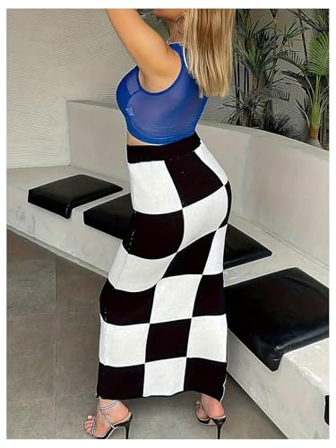 Floerns Women's Checkered Long Skirts Elastic Waist Split Hem Plaid Pencil Skirts2