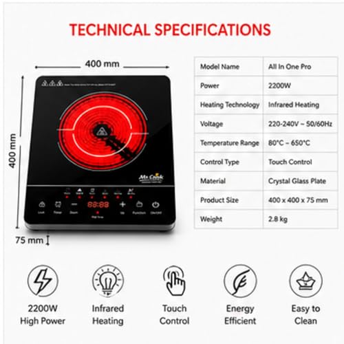 Image of Induction Infrared (Works with all utensils) Cooktop 2200W | Pro Electric Cooking Stove with Touch Control, Crystal Glass Plate, LED Display, 6 Preset Functions, Overheat Protection