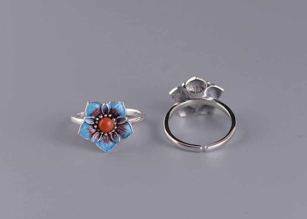 Ring Silber 925 Damen, S925 Sterling Silber Cloisonne Blumen Roter Achat Ring Verstellbare Ringe Retro Zeigefinger Ring Silber Ewigkeitsring Hochzeit Charme Schmuck Geschenke Für Männer Mädchen D