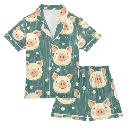 senya Color Pig on Board Satin Summer Pajama Sets Silk Short Sleeve Button Down Sleepwear