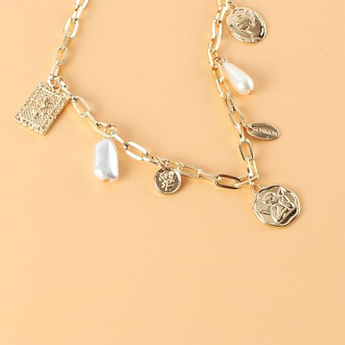 Gold Charm Necklace for Women Charm Necklace Boho Gold Vintage Pearl Head Portrait Square Pendant Necklaces Beach Necklaces Jewelry for Women4