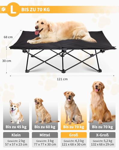 KingCamp Erhöhtes Hundebett Hundeliege Outdoor Haustierbett Haustierliege Atmungsaktivem Mesh & Wildledermatte & Rutschfesten Füßen für Reisen Garten Outdoor Indoor, Schwarz 121 × 68 × 30 cm