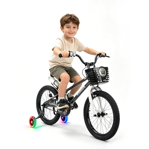 Image of WinHope 12-18 Inch Kids Bike with Light up Training Wheels for Boys Girls | Dual Brake Bicycle with Basket Adjustable Seat Water Bottle for Summer Riding Birthday Gift for Toddler 2-9 Years