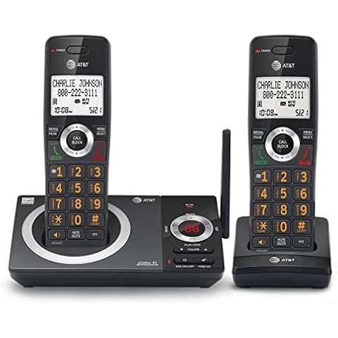 AT&T CL82219 DECT 6.0 2-Handset Cordless Phone for Home with Answering Machine, Call Blocking, Caller ID Announcer, Intercom and Long Range, Black Cover
