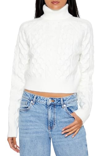 Image of Forever 21 Women's Cropped Cable Knit Turtleneck Sweater