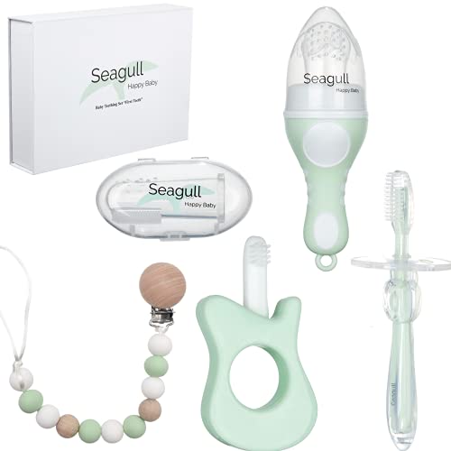 Baby Teething Set â€œFirst Teethâ€ Teether Toys for Babies Gift for Boys Girls 3-12 Months 5 Pcs BPA Free Infant Teether Toy, Fruit Pacifier Feeder, Pacifier Clip, Toothbrush Teether, Finger Toothbrush