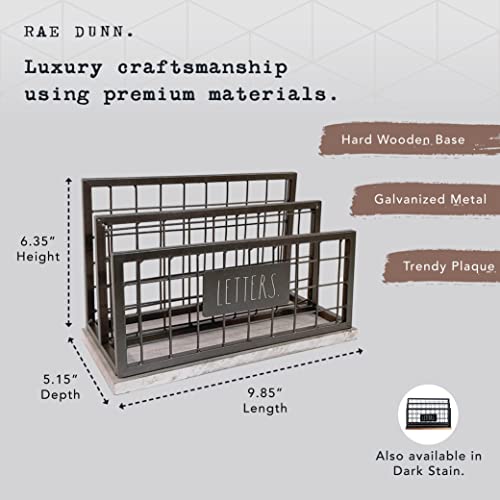 Rae Dunn Desktop Letter Holder – 2 Compartment Mail and Stationary Table Top Organizer – Chic and Stylish Steel and Solid Wood - “Letters” Print - for Home and Office