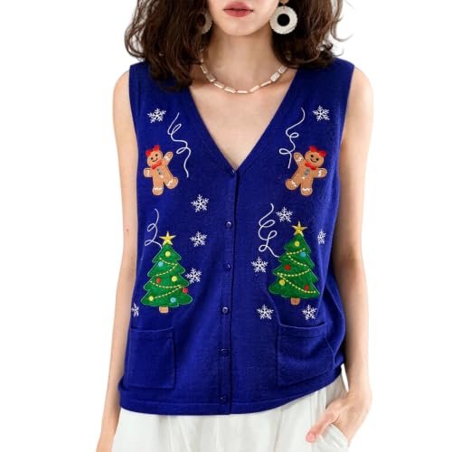 Image of KMBANGI Women Christmas Button Sweater Vest Embroidery Sleeveless Cardigan