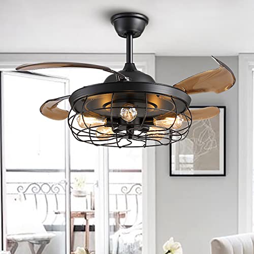 Up To 40% OFF 7PM Vintage Ceiling Fan with Light Remote Control, Reversible Industrial Fandelier with Retractable Blades Flush Mount Ceiling Fan Light Fixture with Low Profile Metal Mesh Cage 42" Black