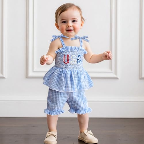 Image of Thorn Tree Toddler Girl Clothes Summer Ruffle Hem Sleeveless Stretchy Top Casual Shorts Cotton Line Outfits