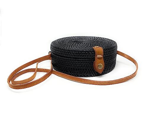 Trintura Rattan Tasche rund mit langem Leder Riemen geflochten Damen...