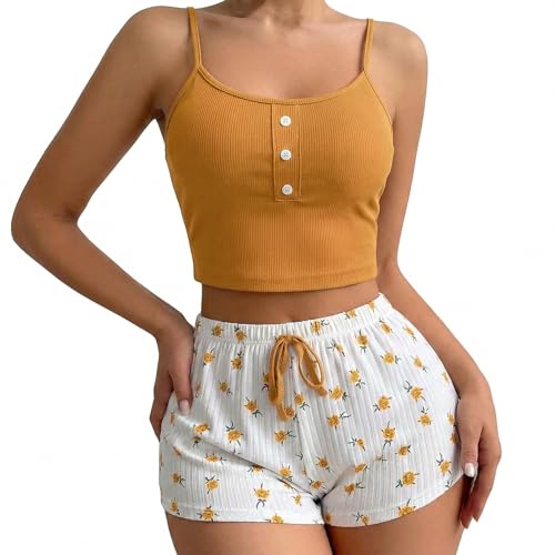 Image of Zilaro Women's Short Pyjamas Set, 2 Piece Pjs for Women Sets, Rose Print Summer Soft Sleeveless Tank Top and Shorts Soft Cotton Pj Sets, Crop Top Nightwear Camisole Loungewear Sleepwear Yellow
