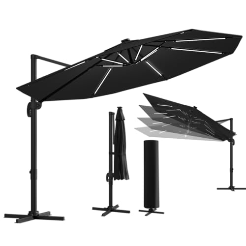 STEELSØN Sonnenschirm Lyrion 350 cm Durchmesser, Ampelschirm mit Abdeckung LED Solar, Gartenschirm wetterfest mit UV-Schutz, Aluminium, rund, schwarz