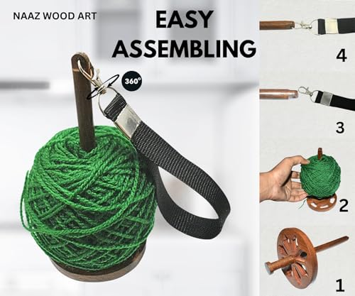 Image of NAAZ Wood Arts Premium Handmade Wood Yarn Rolling Holder with Hand Strap, Crossbody Strap and Crochet Hook 6 mm, Hangging Holder Yarn Spinner for Knitting & Crocheting. (Rose Wood Desing 2)