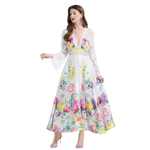 Robe longue pour femme avec bordure en dentelle imprimée fluide anti-plis
