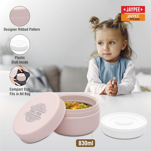 Image of JAYPEE Mini Max Lunch Box for School, Office, Ideal for Snacks and Meal, Keeps Food Hot & Fresh Insulated Stainless Steel Inner with Plastic Dish Inside for Office, College and Picnic, Pink, 830 ml