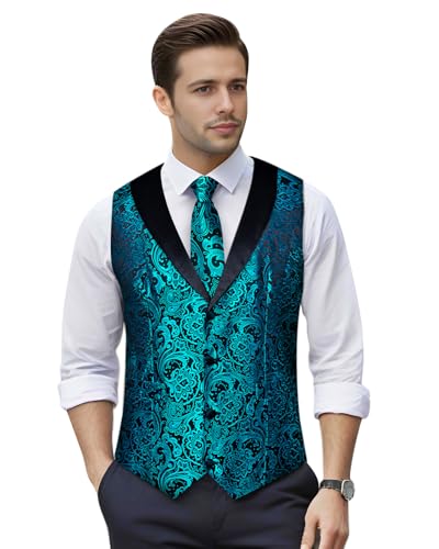 Image of DiBanGu Mens Paisley Suit Vest Silk Jacquard Waistcoat and Necktie Set Formal Shawl Collar Dress Vest 7PCS for Wedding Party