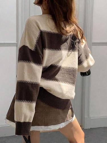 chouyatou Women's 2025 Contrast Striped Sweaters Y2k Vintage Pullover Sweater Slouchy Knit Jumper Tops3
