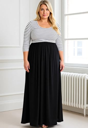 Image of Nemidor Women Plus Size Casual Maxi Dress Long Fall Pockets | Size 14-26 plus, elastic waist, long sleeve, round neck, loose, boho, curvy, winter, wedding, daily, vacation, work, holiday