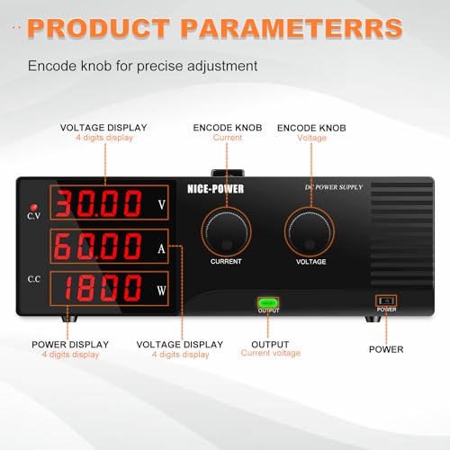 Image of NICE-POWER DC Power Supply Variable 30V 60A, 1800W High Power Benchtop Power Supply with Encoder Adjustable Switching Voltage Regulator, Benchtop Laboratory Power Supply with Built-in Intelligent Fan