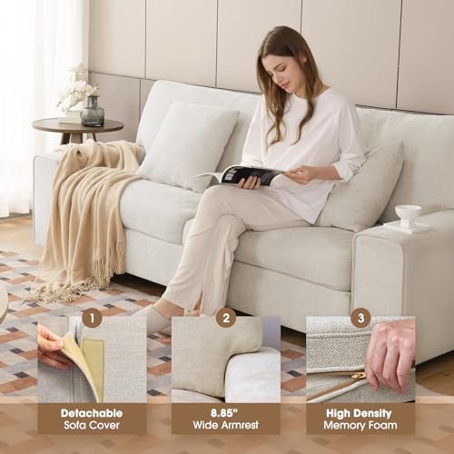 Image of DOPEDIO Modern Living Room Sofa Set, 71.25 inch Chenille Loveseat with 2 Accent Chairs, Removable Covers, Spring Cushions, Solid Wood Frame, Easy Assembly(71.25inch+2 Single,Beige)