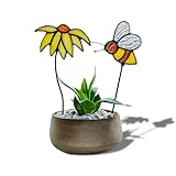 EPOGIFTS Sun Flower Decor Stained Glass Suncatcher,Bee Decor Stained Glass Plant Stake Insert in Pots Suncatcher,Vase Decor,Sun Flower Gifts for Women,Bee Gift for Mom Grandma Aunt Nana