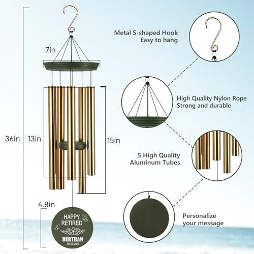 Image of ASTARIN Personalized Happy Retirement Wind Chimes, 36 inch Deep Tone Retire Wind Spinner Gift for Women Men Teacher Coworker 2024, Going Away Farewell Gifts