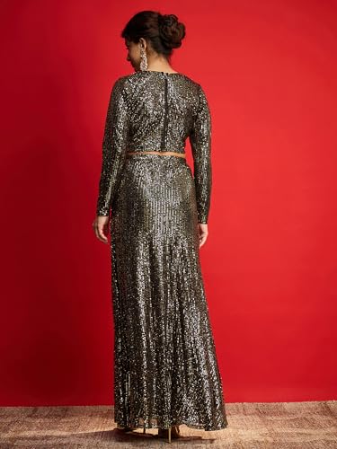 Image of WomenBlack With Golden Sequence Crop Top With Fish Cut Skirt -L