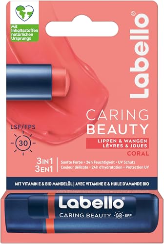 Labello Caring Beauty Coral Rouge à lèvres avec peinture et protection solaire, soin des lèvres couleur avec LSF 30, vitamine E et huile d'amande...