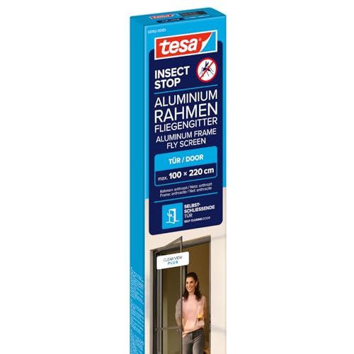 tesa INSECT STOP Aluminium Rahmen Fliegengitter für Türen - Insektengitter mit Aluminium-Rahmen & Clear View - Tür Insektenschutz - 100 cm x 220 cm, Anthrazit