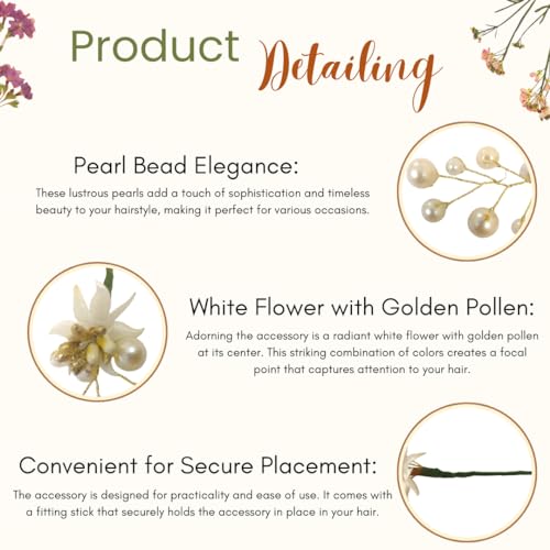 Hair Flare 2207 Pearl Artificial Bridal Wedding/ hair flower accessories For Women's/ gajra / Juda Pin/Juda Bun/Hair Clip/ artificial flowers For hair / - Pack Of 8, White And Golden