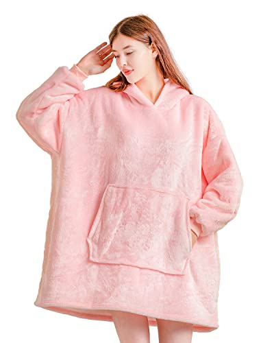 CKK Oversized Hoodie Blanket, Super Soft Warm Wearable Fluffy Blanket, Cosy Comfy Hooded Sherpa Sweatshirt for Women Girls Adults Men Boys Kids Big Pocket(Pink)
