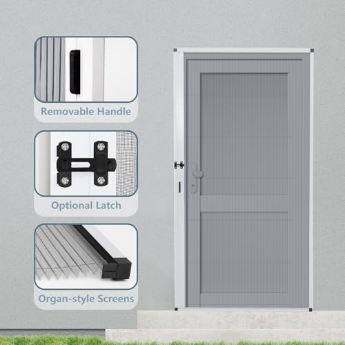 No-Drilling Retractable Screen Door, Folding Sliding Screen Doors with Aluminum Frame for Patio French Front Door Bedroom kitchen, Custom Screen for Single/Double Door, Customize Size, White