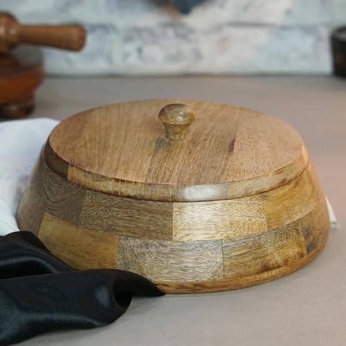 Image of Sanjeev Kapoor By OGGN Mango Wood 9 x 9 x 3 Inch, Casserole for Roti Hot Case | Wooden Roti Box | Hot Case Casserole | Big Chapati Storage Box for Home & Kitchen - Premium Wood Elegant Design