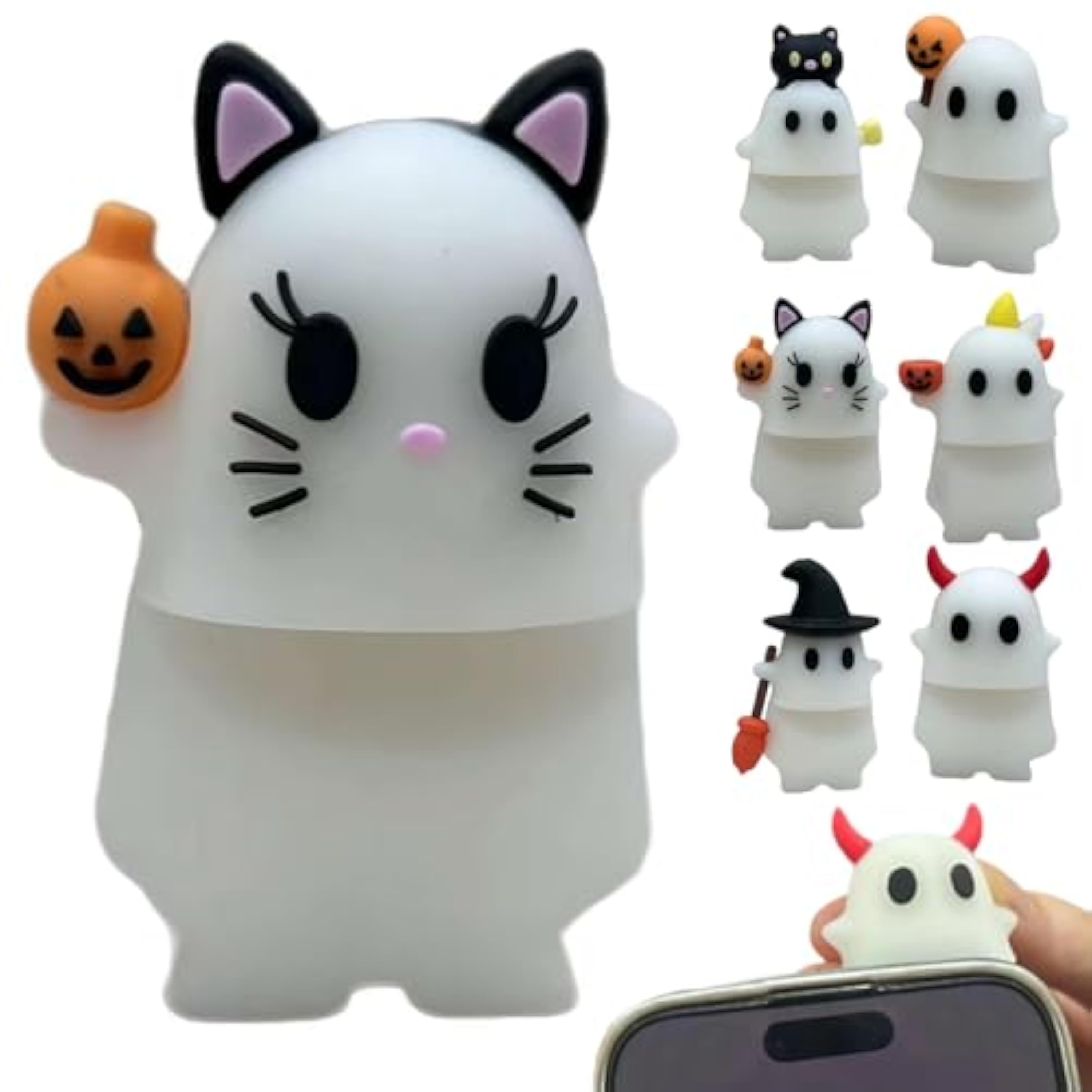 Ghostees Mystery Phone Buddy, decoración adhesiva para teléfono móvil, fantasma y calabaza de Halloween, bonita decoración adhesiva fuerte para smartphone, figura de diseño de despegar y pegar