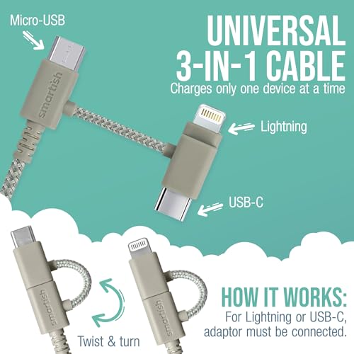 Image of Smartish USB-C /Lightning Cable 17 /16 /15 /14 /13 /12 - Crown Joule - 6 Foot Universal Fast Fabric Wrapped Charging Cable w /Micro-USB - MFi Certified 13 /12 /SE /iPad /AirPods /Android - Tan