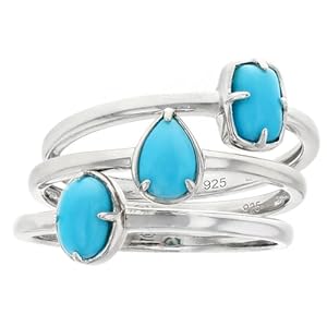 Set of 3 Turquoise Sterling Silver Plated Rings – Turquoise Rings for Women – Rhodium Plated Sterling Silver Ring – Silver Ring set of 3 – Stackable Rings for Women – Trendy Stackable Rings