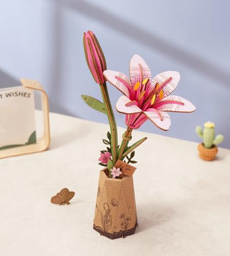 ROBOTIME 3D Holz Blumen Puzzle Rosa Lilie, Modellbausätze für Erwachsene zum Zusammenbauen, künstliche Ewige Blüten, DIY Bastelset… – Ansicht 1