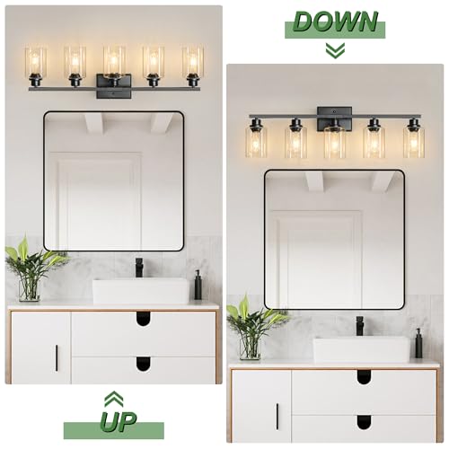 Image of Ascher 5-Light Bathroom Light Fixtures, 33 Inch Vanity Lights with Clear Glass Shade, Modern Black Finish Wall Light for Mirror Bedroom Hallway Cabinet Porch